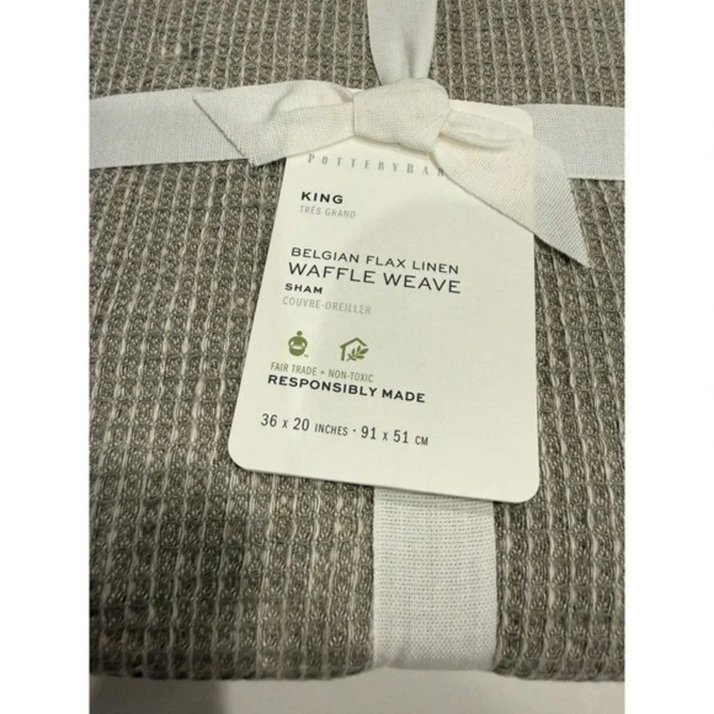 Pottery‎ Barn Belgian Flax Linen Waffle Weave King Sham Set Eucalyptus 2pc New